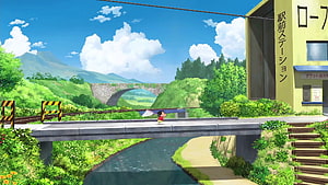 Crayon Shin-chan at a Japanese Train Station with Lush Green Hills and a Stone Bridge HD wallpaper