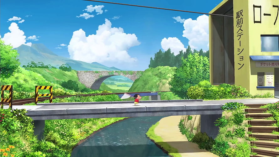 Crayon Shin-chan at a Japanese Train Station with Lush Green Hills and a Stone Bridge HD wallpaper