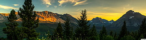 Golden Hour Mountain Panorama with Pine Trees and Snow-Capped Peaks HD wallpaper