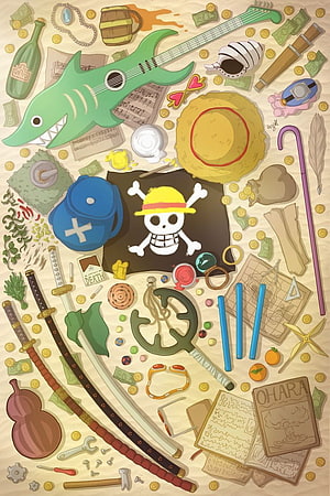 One Piece Luffy Treasure Flat Lay Illustration with Jolly Roger and Pirate Gear HD phone wallpaper