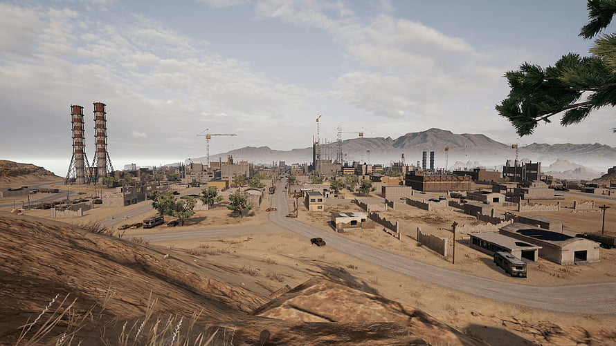 PUBG Erangel Map Overview: Desert Town, Industrial Complex, and Mountainous Terrain HD wallpaper