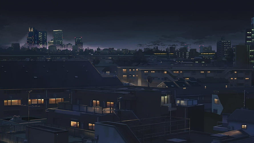 Moody Anime Night Cityscape with Distant Skyscrapers and Warm Window Lights HD wallpaper