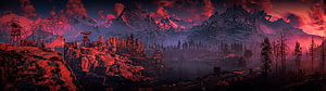 Crimson Sky Over Snowy Mountains and Abandoned Watchtowers in a Post-Apocalyptic Landscape HD wallpaper