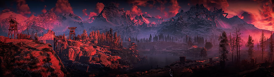 Crimson Sky Over Snowy Mountains and Abandoned Watchtowers in a Post-Apocalyptic Landscape HD wallpaper