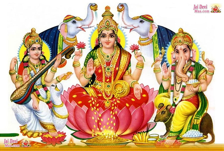 Lakshmi Ganesha Saraswati Hindu Deity Illustration with Lotus and Offerings HD wallpaper