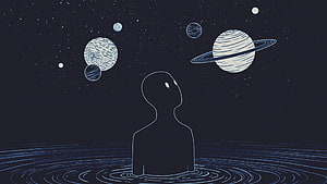 Minimalist silhouette gazing at ringed planets in a starry cosmic void HD wallpaper