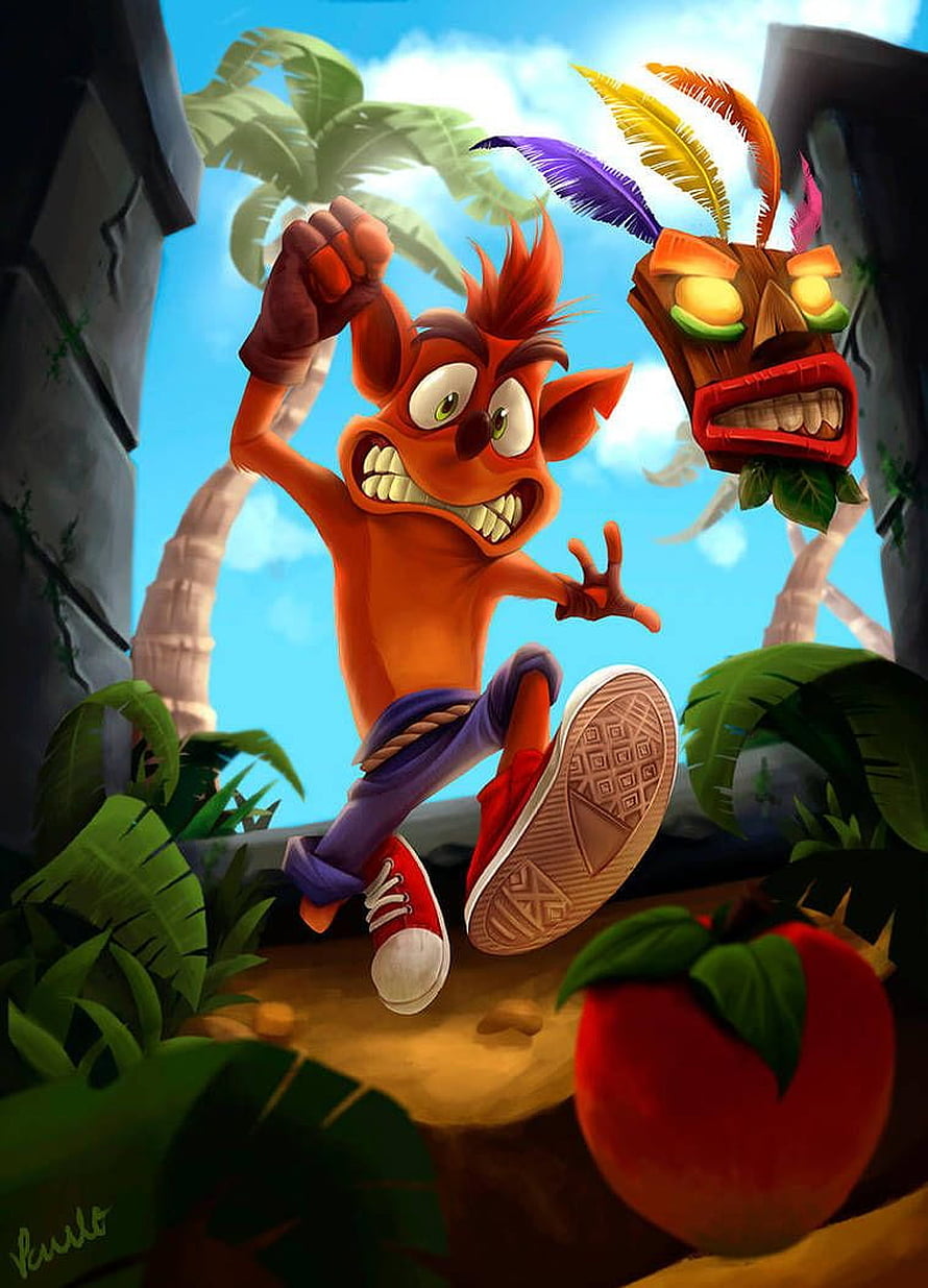 Crash Bandicoot and Aku Aku Mask in Tropical Jungle Setting HD phone wallpaper