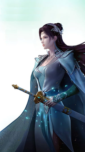 Yun Yun in Elegant Blue Armor Holding a Golden Hilt Sword HD phone wallpaper