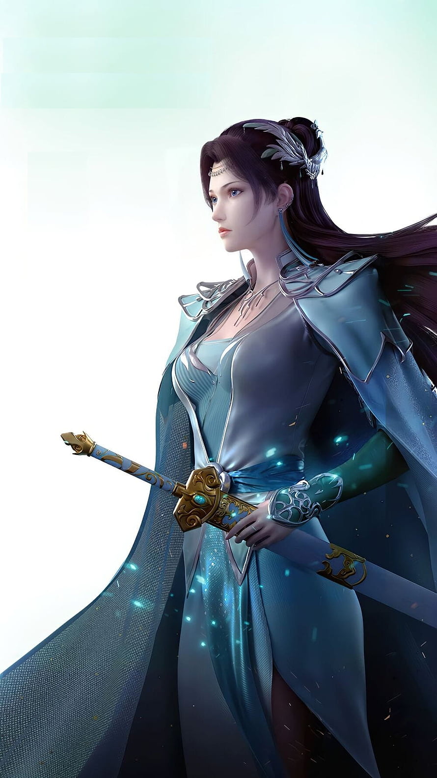 Yun Yun in Elegant Blue Armor Holding a Golden Hilt Sword HD phone wallpaper