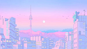 Pastel Retro Anime Cityscape with Tower and Moon at Dusk HD wallpaper