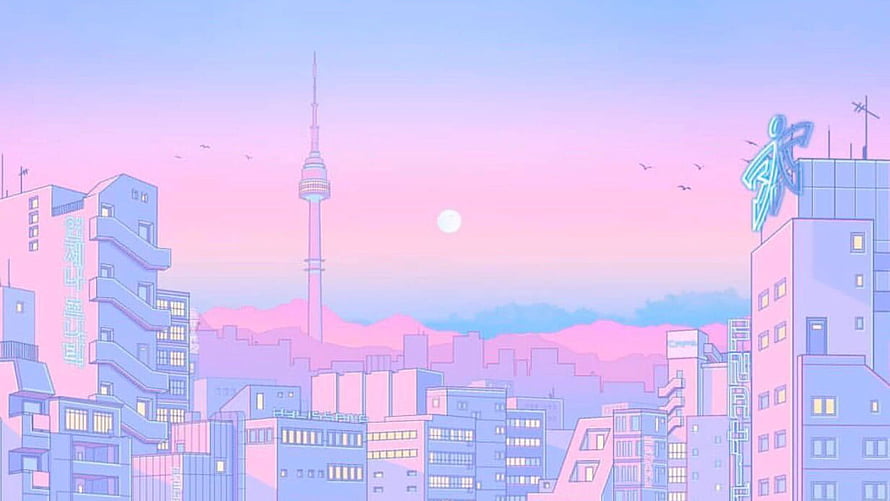 Pastel Retro Anime Cityscape with Tower and Moon at Dusk HD wallpaper