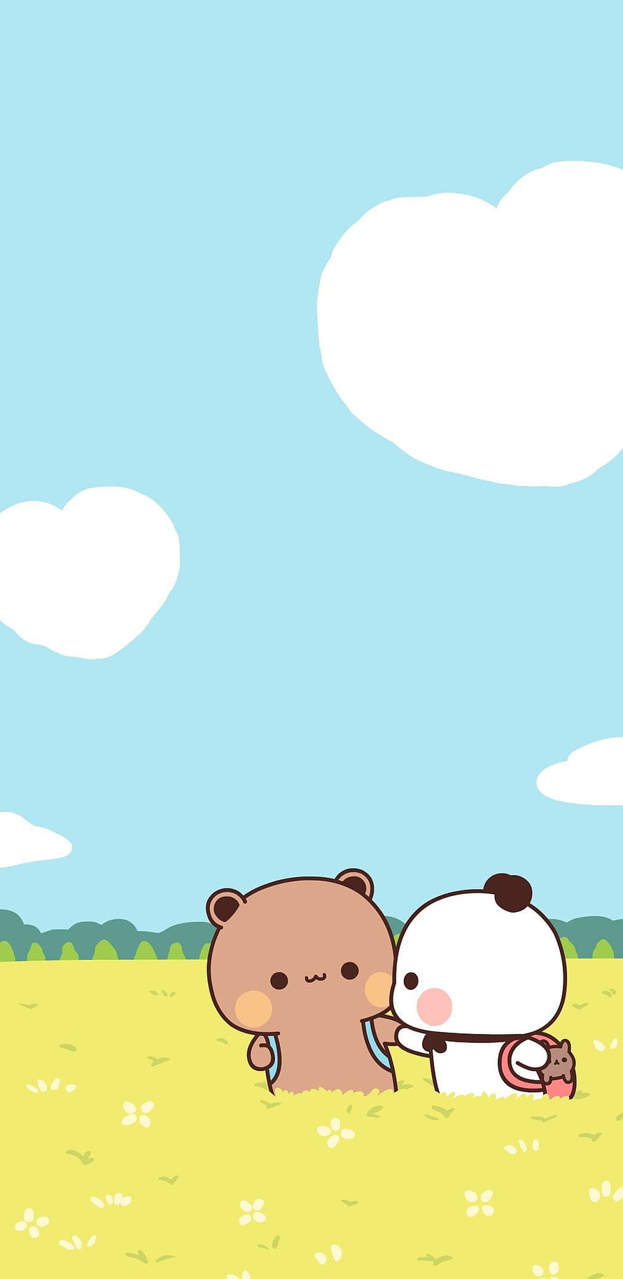Bubu and Dudu Cartoon Bears in a Sunny Meadow with Blue Sky and Clouds HD phone wallpaper