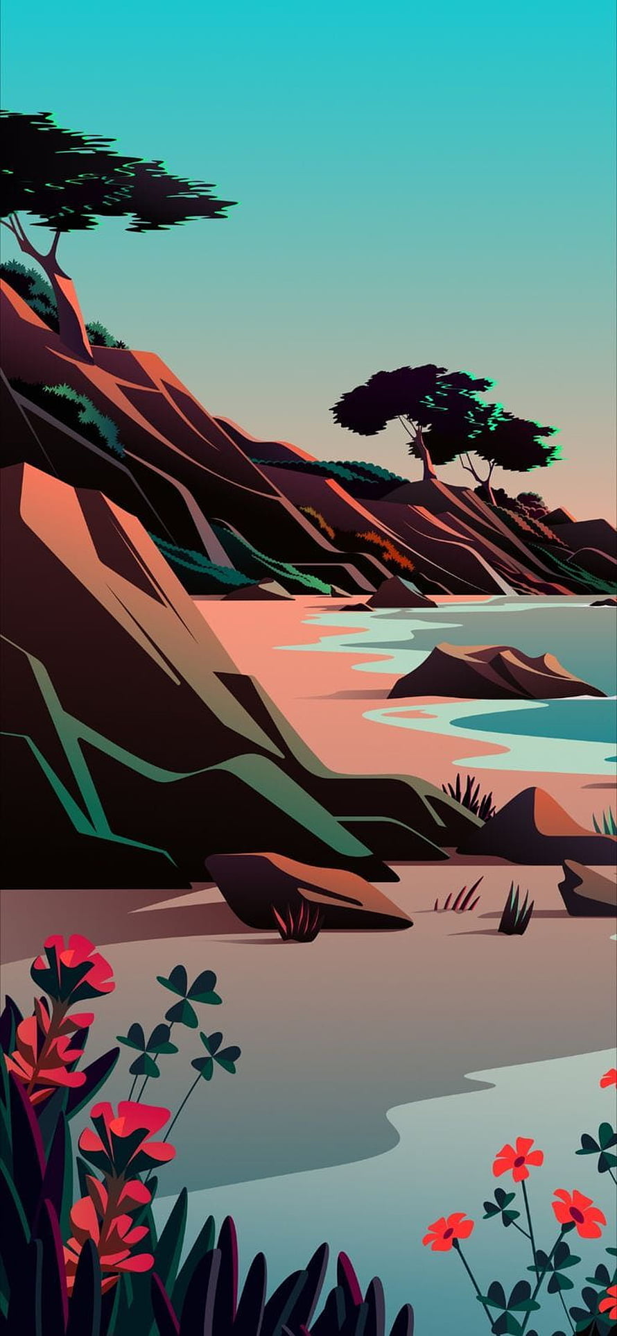Stylized Coastal Landscape with Rocky Cliffs, Acacia Trees, and Vibrant Wildflowers at Dusk HD phone wallpaper