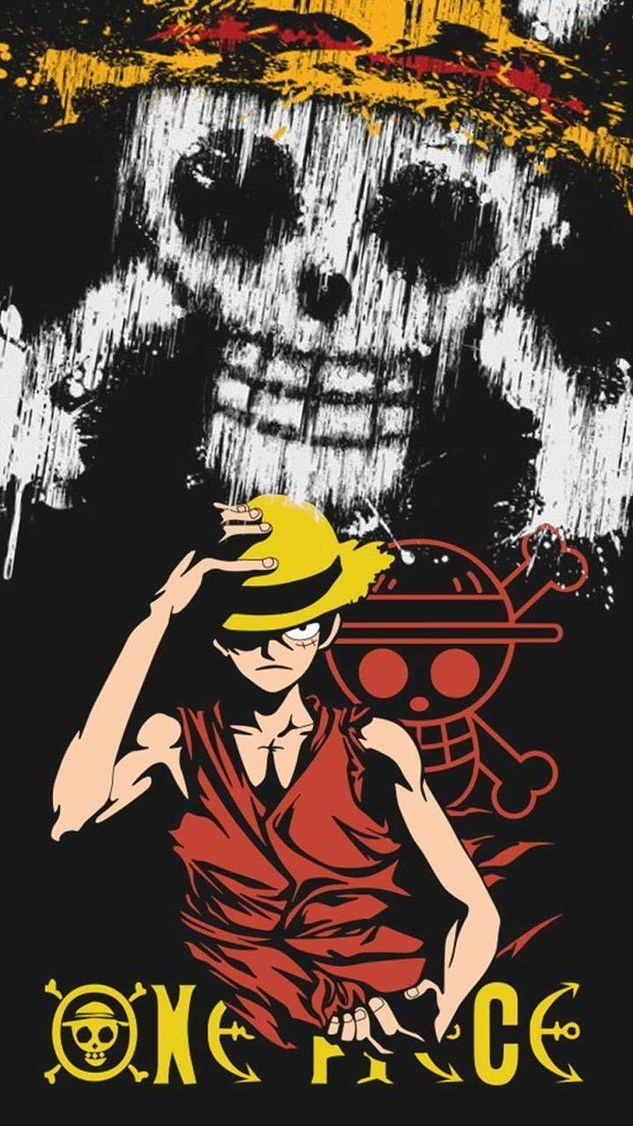 One Piece Monkey D. Luffy in Straw Hat and Red Vest with Skull Background HD phone wallpaper