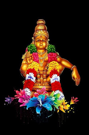 Golden Ayyappa Deity Adorned With Vibrant Flower Garlands On Black Background HD phone wallpaper