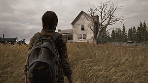 Ellie from The Last of Us Part II walking through a field toward a weathered farmhouse HD wallpaper