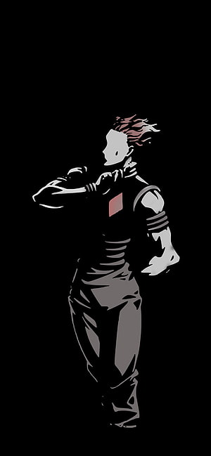 Hisoka from Hunter x Hunter in a minimalist high-contrast anime illustration on a black background HD phone wallpaper