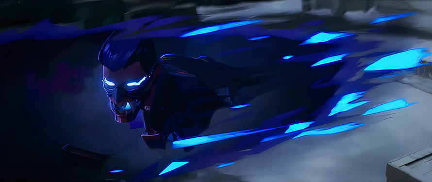 Yoru from Valorant in a dark cyberpunk scene with glowing blue energy effects HD wallpaper