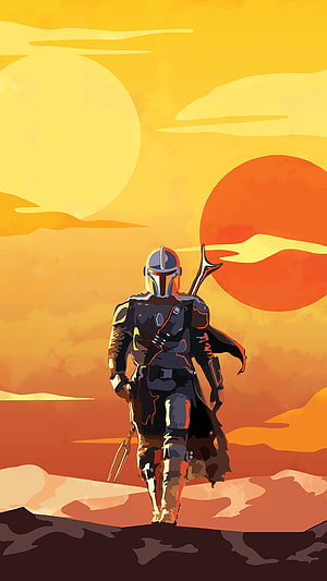 The Mandalorian Walking Through a Desert Landscape at Sunset in Minimalist Art Style HD phone wallpaper