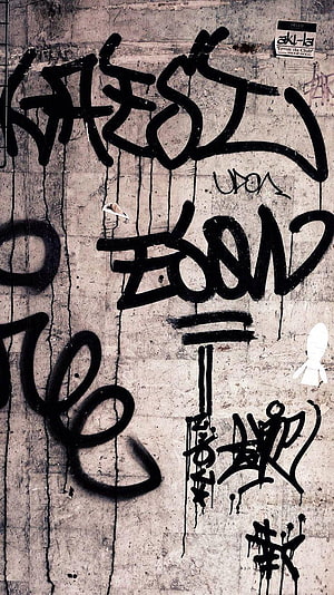 Black Spray Paint Graffiti on Weathered Concrete Wall with Drips and Tags HD phone wallpaper
