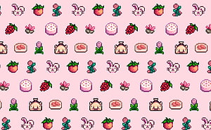 Stardew Valley Pixel Art Pattern Featuring Bunnies, Berries, and Pastries on a Pink Background HD wallpaper