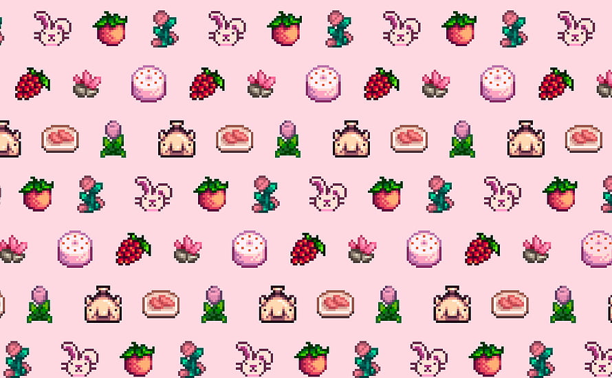 Stardew Valley Pixel Art Pattern Featuring Bunnies, Berries, and Pastries on a Pink Background HD wallpaper