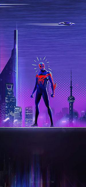 Miles Morales Spider-Man 2099 in Futuristic Neon Cityscape with Flying Vehicle, 1125x2436 Spider Man 2099 Spider Verse XS, 10, X , Backgrounds, and, spider man into the spider verse HD phone wallpaper