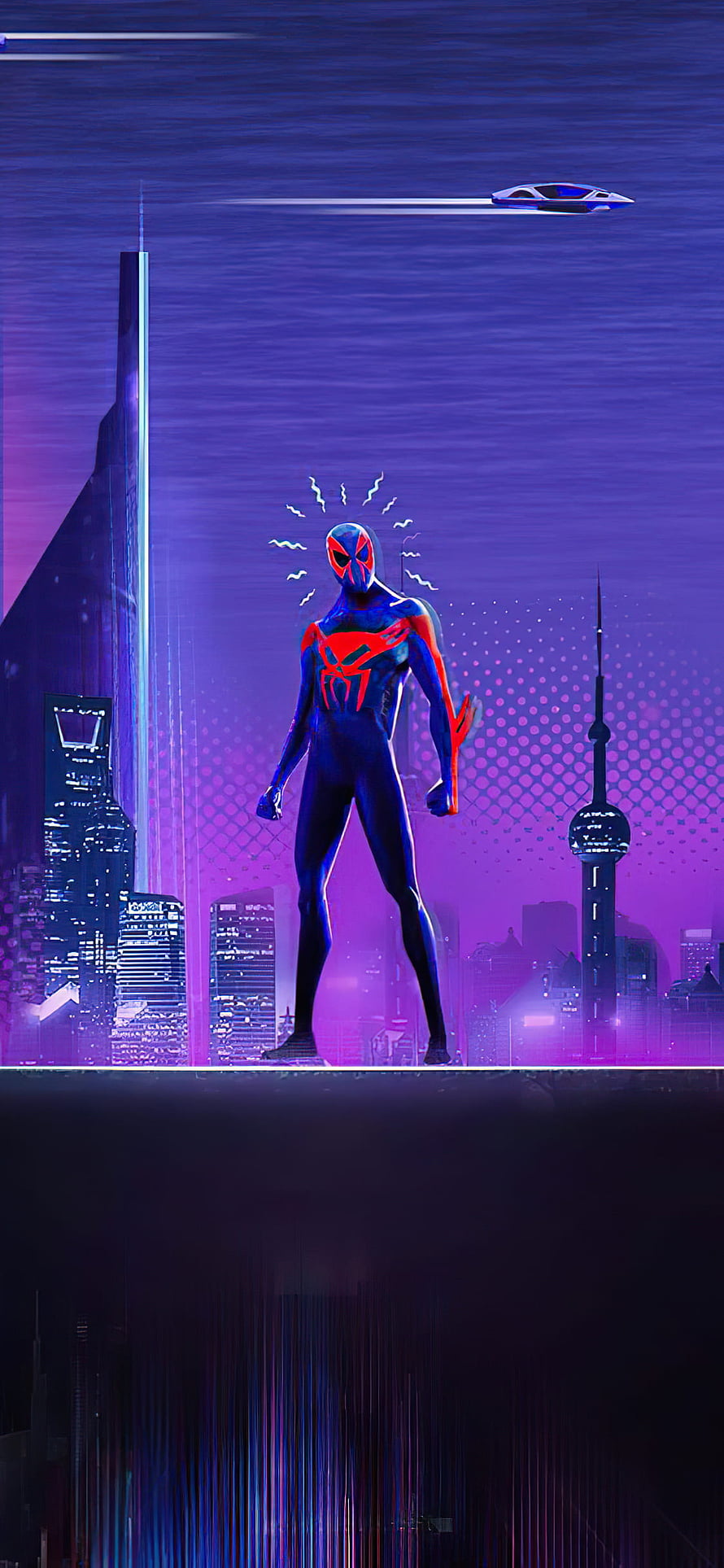Miles Morales Spider-Man 2099 in Futuristic Neon Cityscape with Flying Vehicle, 1125x2436 Spider Man 2099 Spider Verse XS, 10, X , Backgrounds, and, spider man into the spider verse HD phone wallpaper