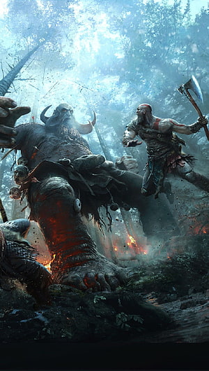 Kratos Battles a Giant Jotnar in a Misty Forest from God of War HD phone wallpaper
