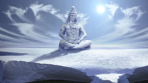 Lord Shiva Meditating in Cosmic Ocean with Crescent Moon and Serpent HD wallpaper