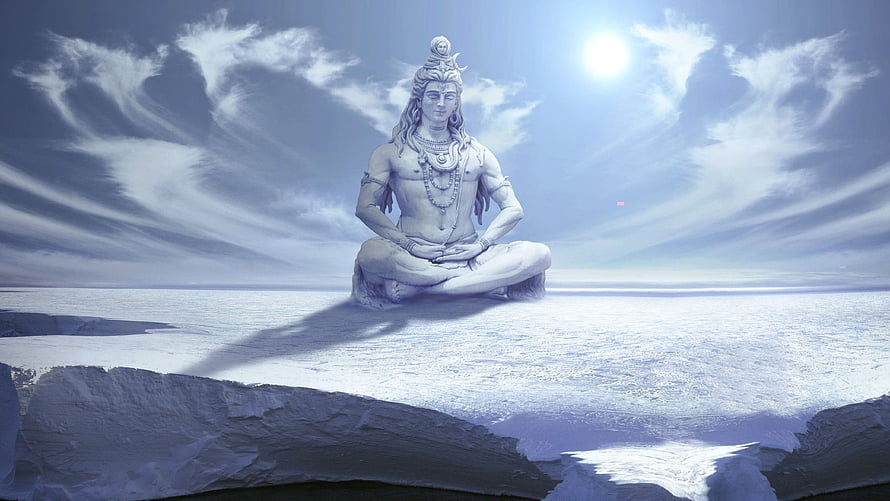 Lord Shiva Meditating in Lotus Pose on a Serene Ocean Under a Bright Sky HD wallpaper