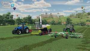 Farming Simulator 22 Haymaking Scene with Tractors and Combine Harvester in a Green Field HD wallpaper