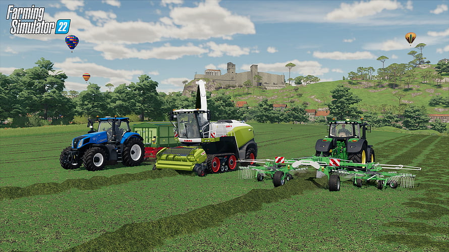 Farming Simulator 22 Haymaking Scene with Tractors and Combine Harvester in a Green Field HD wallpaper