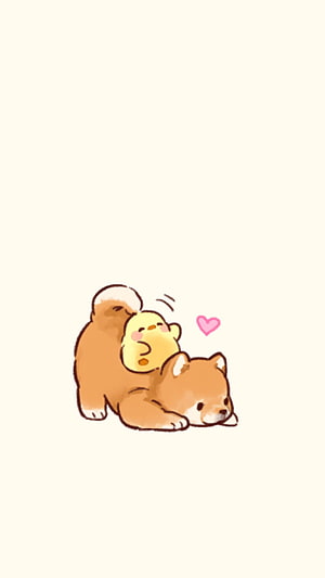 Cute Shiba Inu and Yellow Duckling Kawaii Cartoon Illustration HD phone wallpaper