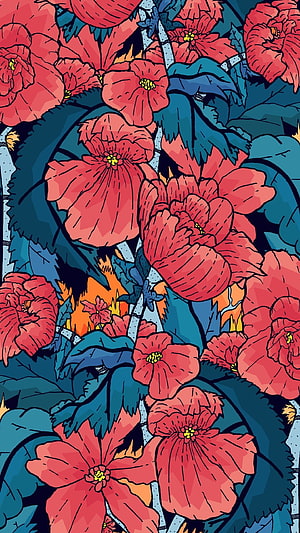 Vibrant Coral Poppy Floral Illustration with Teal Foliage and Bold Ink Outlines HD phone wallpaper