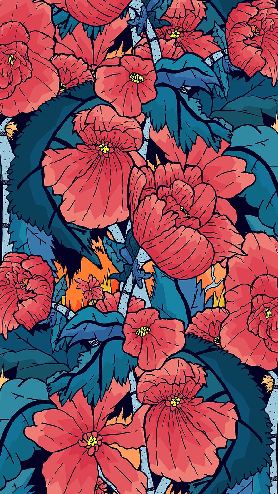 Vibrant Coral Poppy Floral Illustration with Teal Foliage and Bold Ink Outlines HD phone wallpaper