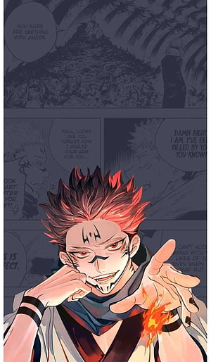 Ryomen Sukuna Anime Character with Fiery Hand and Intense Expression HD phone wallpaper