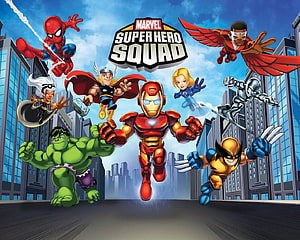 Marvel Super Hero Squad cartoon team lineup with Iron Man, Hulk, Spider-Man, Thor, Captain America, Wolverine, Silver Surfer, Falcon, and Storm over a city skyline HD wallpaper
