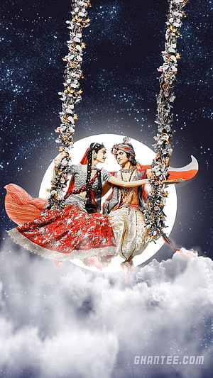 Radha Krishna on a Floral Swing Against a Starry Night Sky and Full Moon HD phone wallpaper