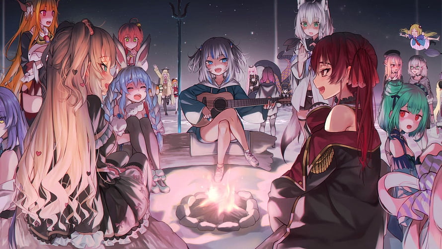 Hololive VTubers Singing Around a Campfire Under a Starry Night Sky HD wallpaper