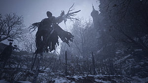 Resident Evil Village Dark Forest Scene with Tattered Figure and Snowy Ruins HD wallpaper