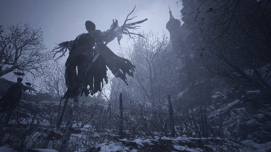 Resident Evil Village Dark Forest Scene with Tattered Figure and Snowy Ruins HD wallpaper