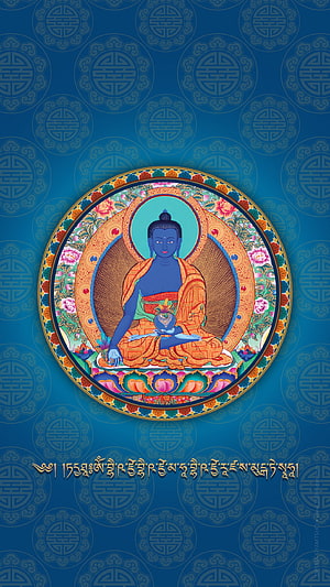 Medicine Buddha Thangka Artwork with Tibetan Mantra on Blue Patterned Background HD phone wallpaper