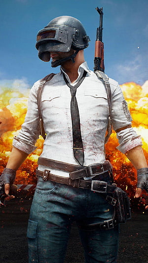 PUBG Mobile Soldier in White Shirt and Helmet with Rifle Against Explosion HD phone wallpaper