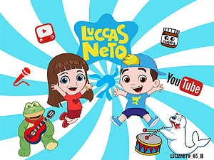 Lucas Neto Cartoon Characters with Frog Guitarist and Seal Drummer on Blue Radial Background HD wallpaper