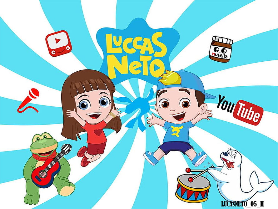 Lucas Neto Cartoon Characters with Frog Guitarist and Seal Drummer on Blue Radial Background HD wallpaper