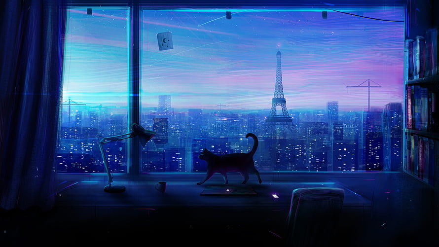 Silhouette of a cat on a windowsill overlooking the Paris skyline at night with the Eiffel Tower glowing under a purple sky HD wallpaper