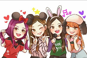 Cute Chibi Anime Illustration of Blackpink Members with Headbands and Microphone HD wallpaper