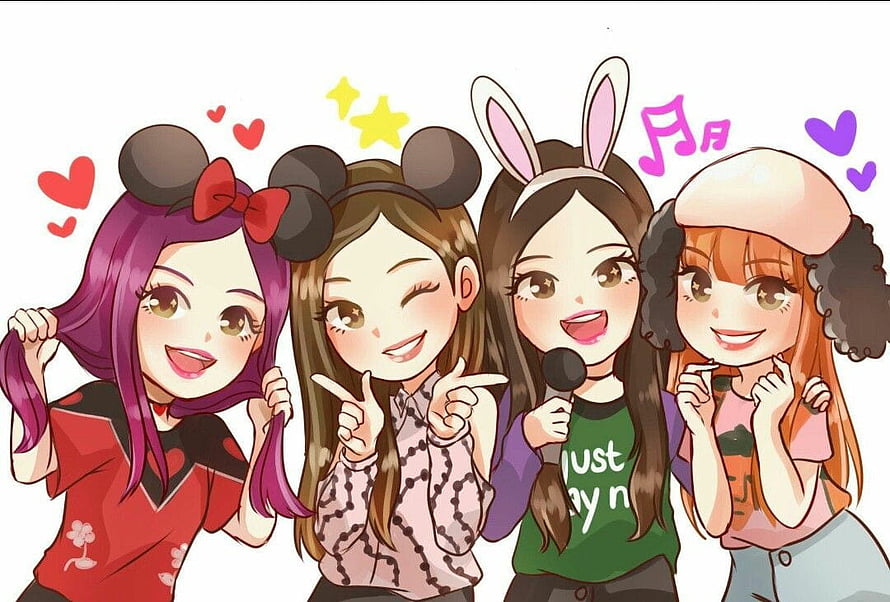 Cute Chibi Anime Illustration of Blackpink Members with Headbands and Microphone HD wallpaper