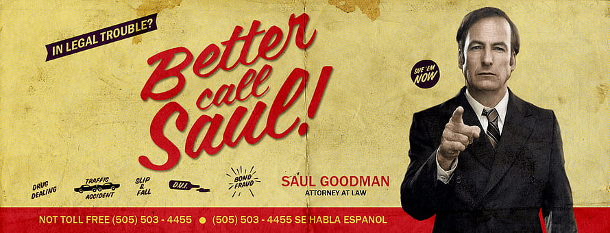 Better Call Saul promotional poster featuring Saul Goodman pointing at the viewer against a vintage yellow background HD wallpaper